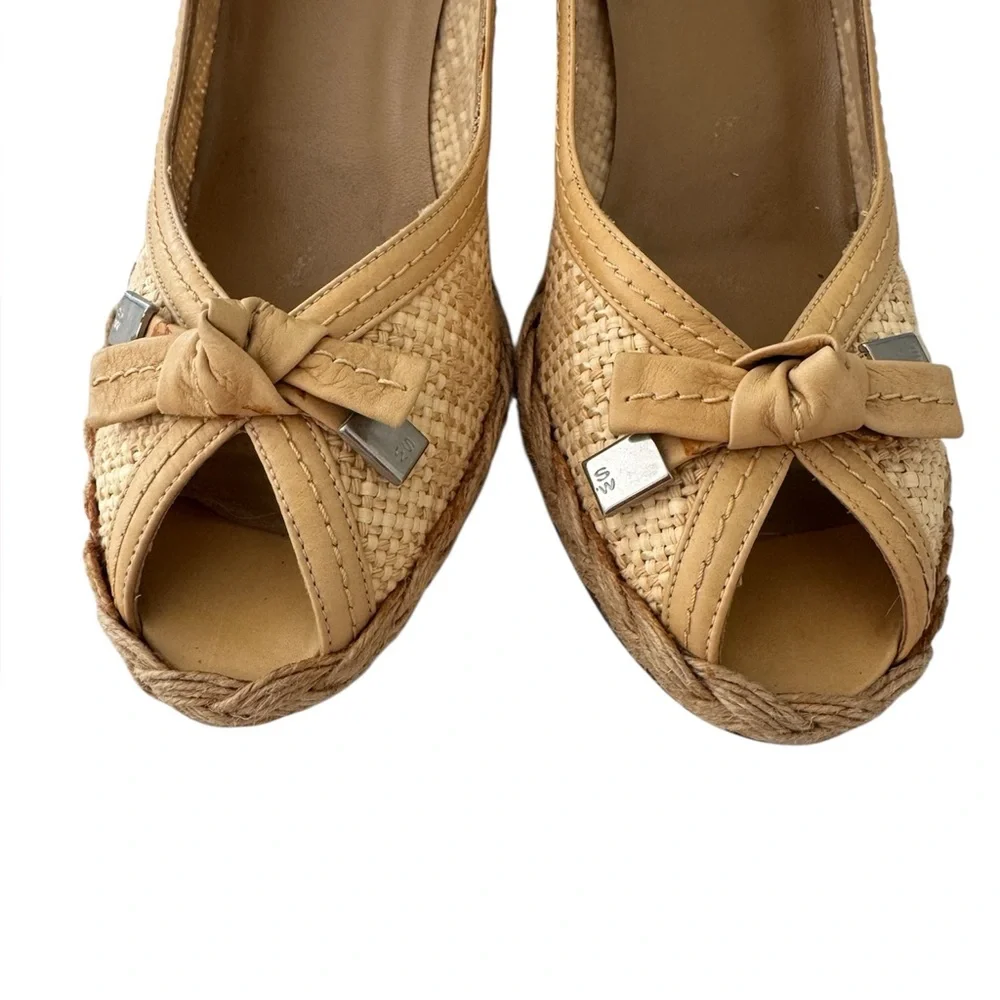 Stuart Weitzman Tan Woven Espadrille Wedge Pumps with Bow - Picture 2 of 7